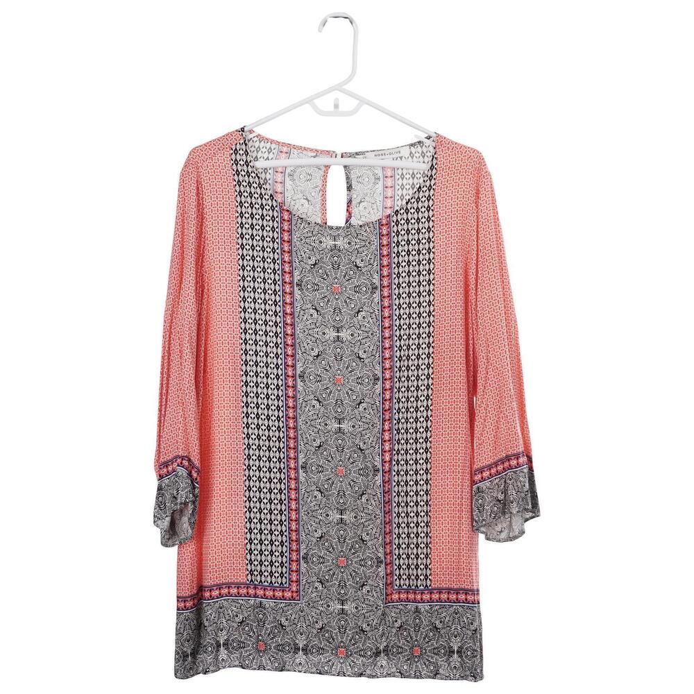ROSE + OLIVE Top 1X Geometric Mirror Print Keyhole Neck Pullover 3/4 Sleeve